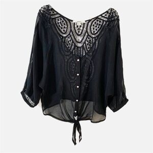 Papaya Black Tie Front Crochet Trimmed Back Center Panel Button Front Blouse 🖤